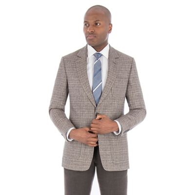 Brown with blue check pure linen tailored fit jacket